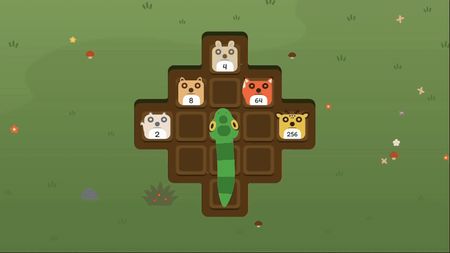 Snake on a cross-shaped dirt grid with numbered animal tiles from 2 to 256 in a grassy meadow