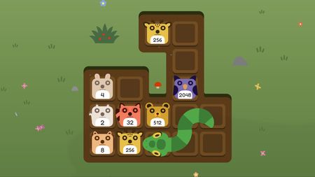 Snake on an irregular dirt grid with numbered animal tiles up to a 2048 owl, set in a grassy meadow