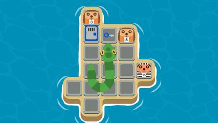 Snake on a sandy island grid with numbered prisoners, a key, and a jail door, surrounded by water