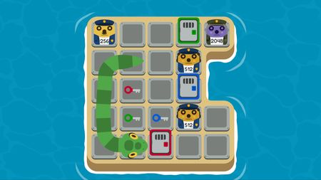 Snake on a C-shaped island facing a locked gate, with colored keys and numbered officer tiles