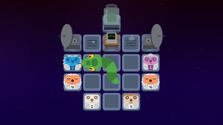 Snake on a space laboratory grid with numbered scientist tiles and lab equipment