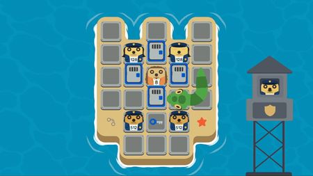 Snake navigating an island prison puzzle with numbered officers, a prisoner, keys, and jail cells