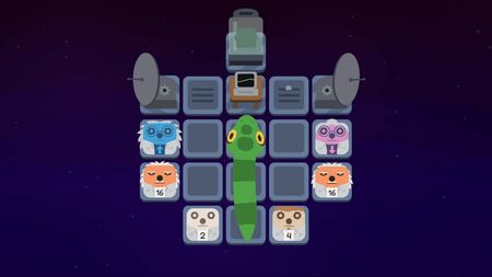 Snake on a space laboratory grid with numbered scientist tiles, arrow tiles, and lab equipment